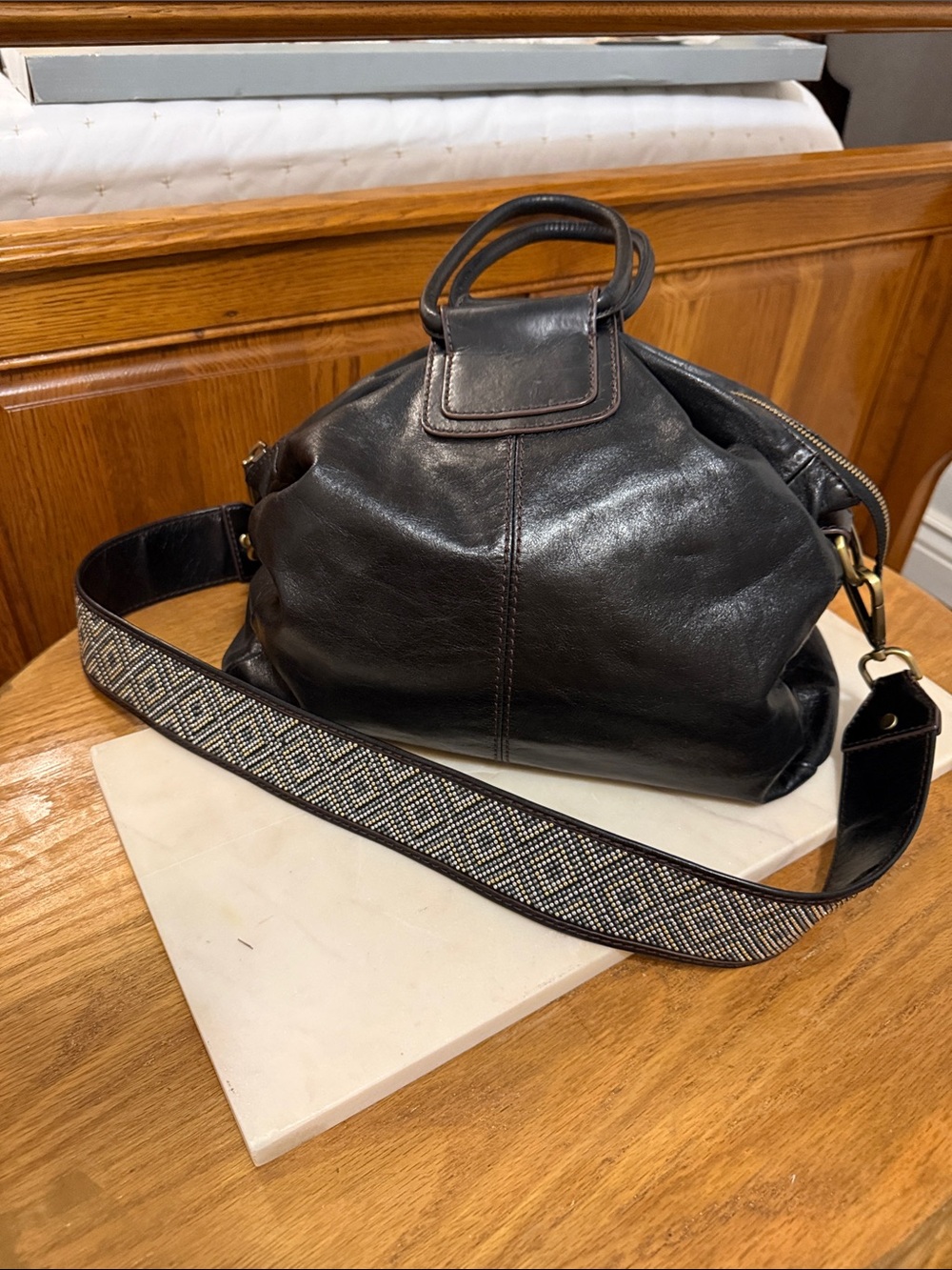 HOBO Black Leather Grab Bag with Patterned Strap